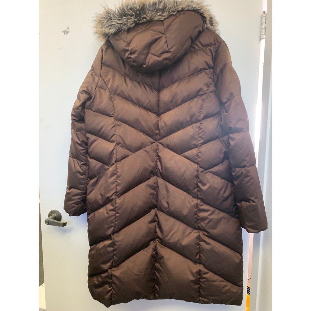 Lands End Womens XL 18 Brown Down Quilted Puffer Coat Faux Fur Hood Jacket - Picture 6 of 11